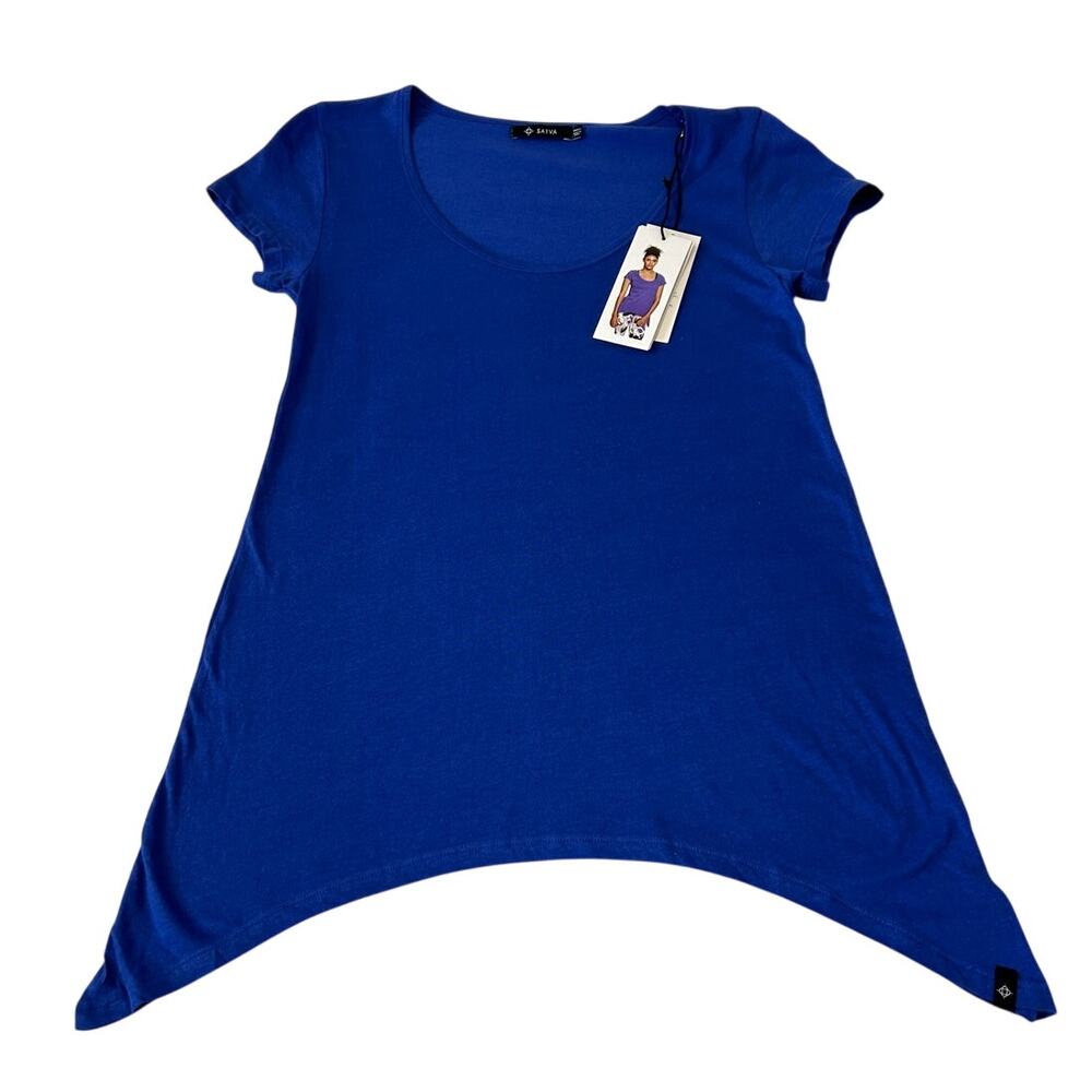 Satva Movement Women's Top Easy Tee Shirt Tunic Sz S Iris Blue Asymetrical NWT